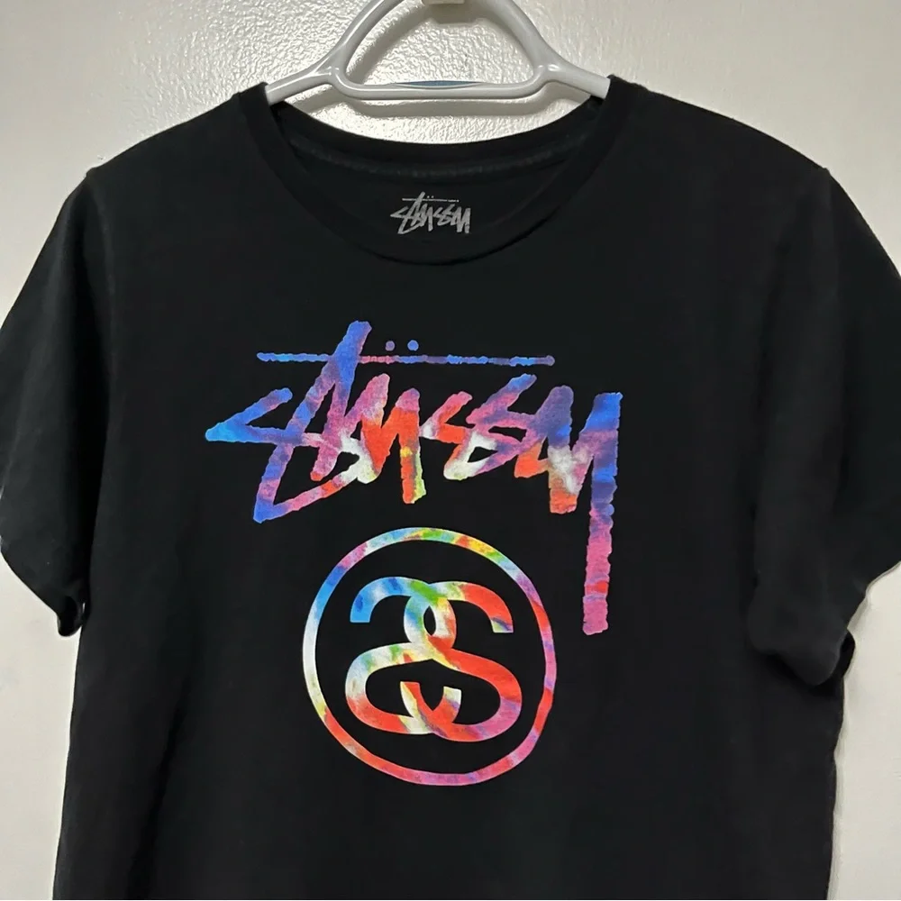 STUSSY TIE DYE LOGO T SHIRT TEE BLACK RAINBOW GRAPHIC VINTAGE STYLE SKATE MEDIUM - Picture 2 of 5